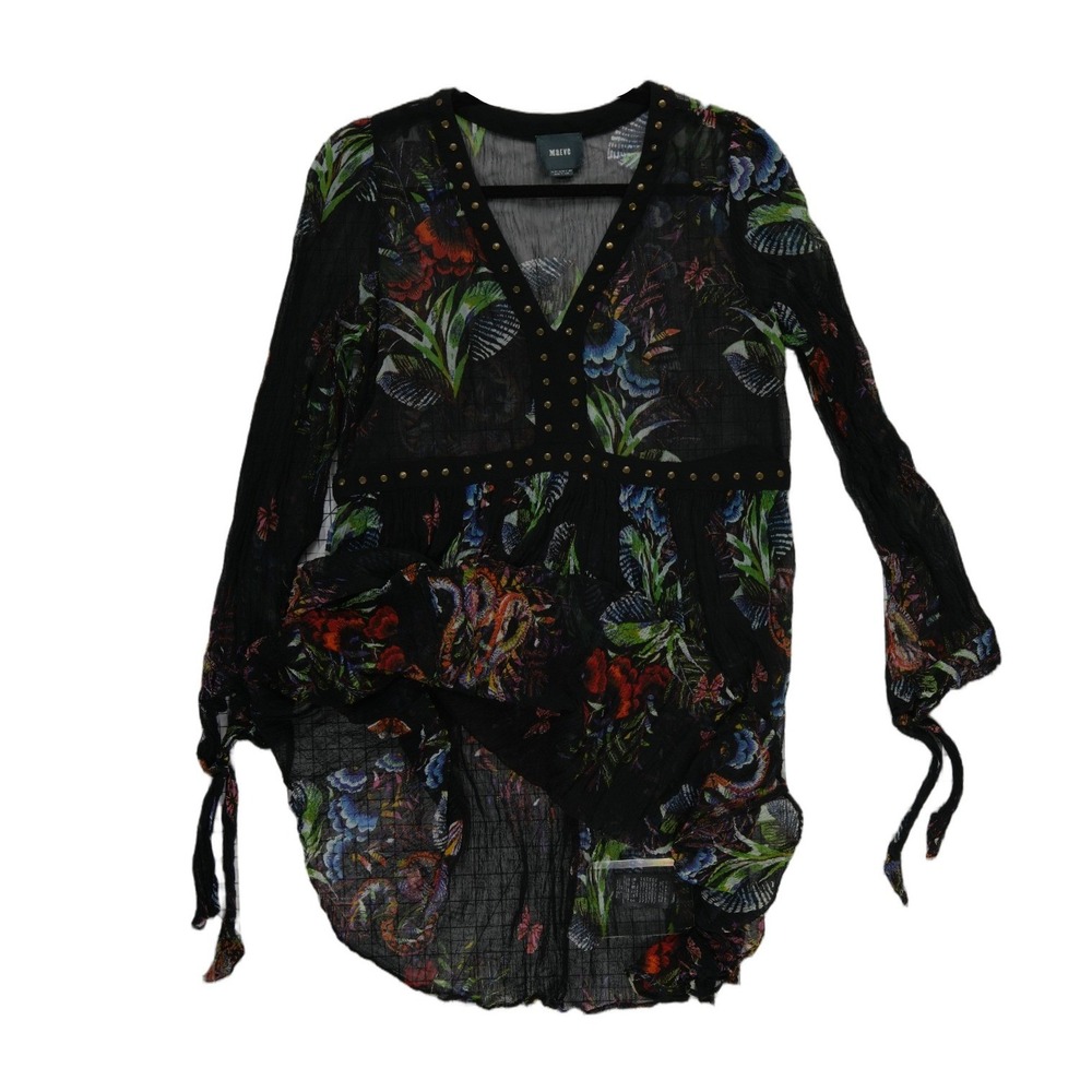 Maeve Anthropologie Dress Women's Size 10 Black Floral Studded V-Neck  Boho